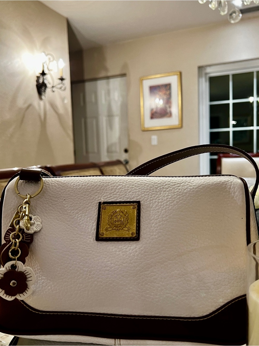 Medallion White Pebbled Leather Brown Trim Shoulder Bag